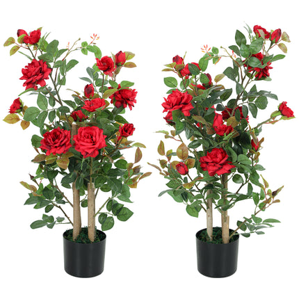 90cm Artificial Rose Tree Set of 2, Decorative Fake Plant with 344 Silk Leaves 17 Flowers for Outdoor Indoor Decor, Red