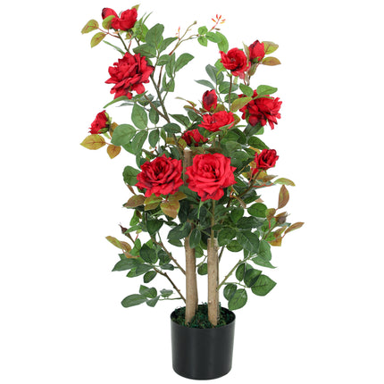90cm Artificial Rose Tree, Decorative Fake Plant with 344 Silk Leaves 17 Flowers for Outdoor Indoor Decor, Red