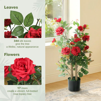 90cm Artificial Rose Tree, Decorative Fake Plant with 344 Silk Leaves 17 Flowers for Outdoor Indoor Decor, Red