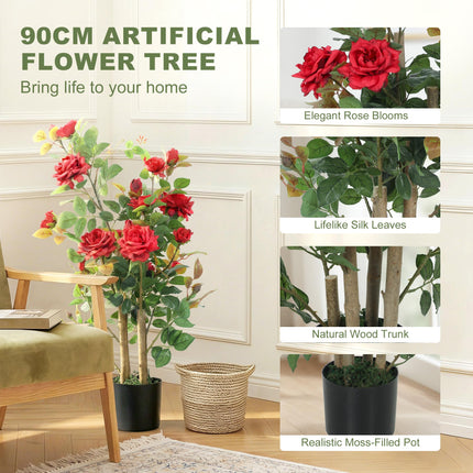 90cm Artificial Rose Tree, Decorative Fake Plant with 344 Silk Leaves 17 Flowers for Outdoor Indoor Decor, Red
