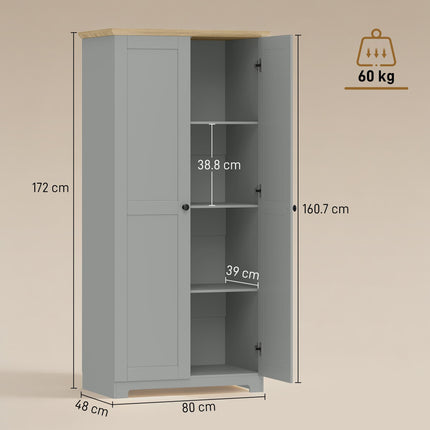 Kitchen Cupboard, 172cm Freestanding Storage Cabinet with Doors and Shelves, Grey