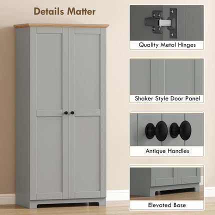 Kitchen Cupboard, 172cm Freestanding Storage Cabinet with Doors and Shelves, Grey