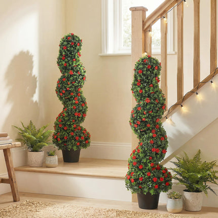 Decorative Artificial Plants Set of 2, UV Resistant Fake Plants in Pot for Indoor Outdoor Decor, 90cm, Red