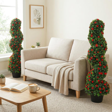 Decorative Artificial Plants Set of 2, UV Resistant Fake Plants in Pot for Indoor Outdoor Decor, 90cm, Red