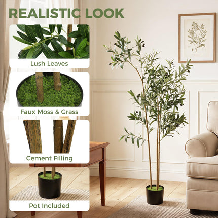 Decorative Artificial Plant, 148 cm Silk Olive Tree with 553 Leaves in Cement Pot, Fake Plant
