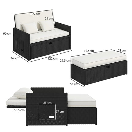 Rattan Garden Daybed, Double Sun Lounger with 5-Level Adjustable Back, Storage Ottoman, Cream White