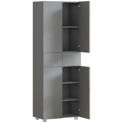 Storage Cabinet, Kitchen Cupboard with 3 Adjustable Shelves, 60L x 35W x 170H cm, High Gloss Grey