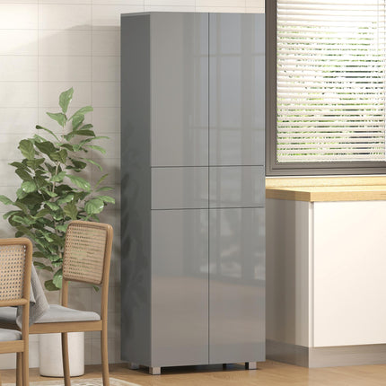 Storage Cabinet, Kitchen Cupboard with 3 Adjustable Shelves, 60L x 35W x 170H cm, High Gloss Grey