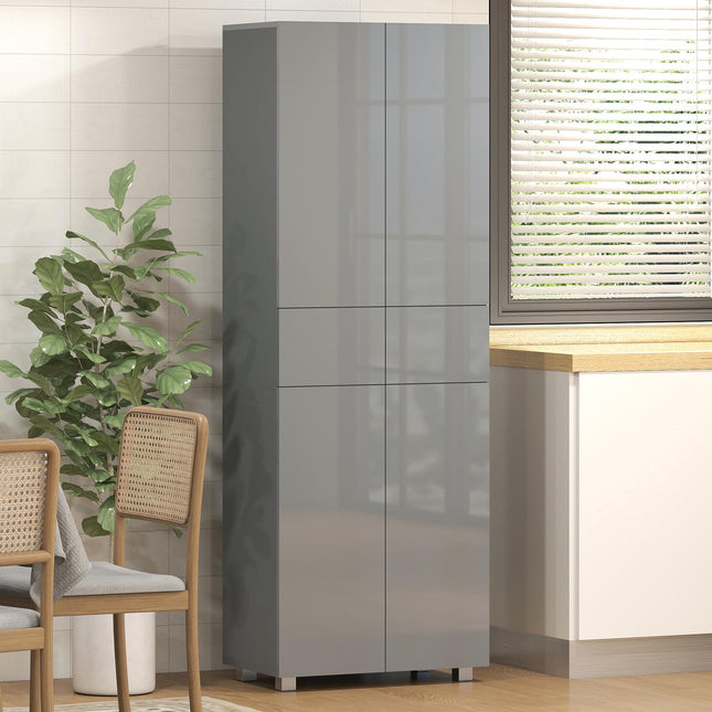 Storage Cabinet, Kitchen Cupboard with 3 Adjustable Shelves, 60L x 35W x 170H cm, High Gloss Grey