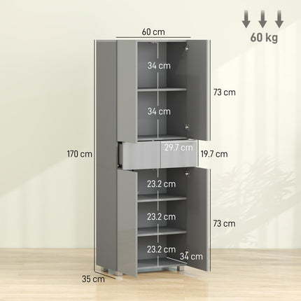 Storage Cabinet, Kitchen Cupboard with 3 Adjustable Shelves, 60L x 35W x 170H cm, High Gloss Grey