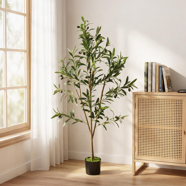 Decorative Artificial Plant, 120 cm Silk Olive Tree with 303 Leaves in Cement Pot, Fake Plant