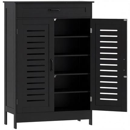 Shoe Cabinet with Louvered Doors, Modern Shoe Storage Cabinet with Drawer and Adjustable Shelves, Black