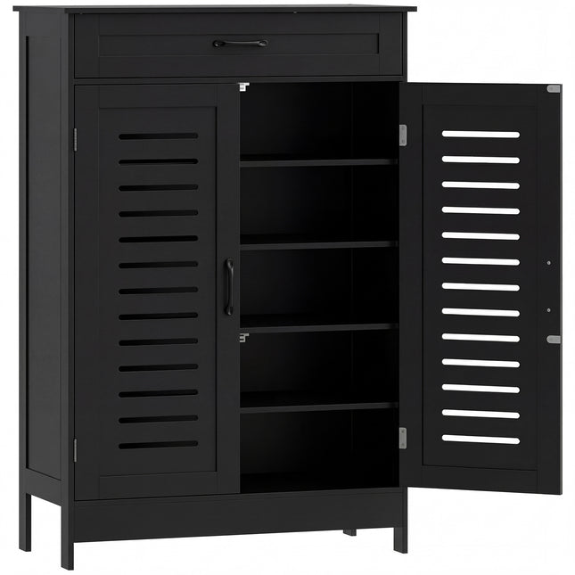 Shoe Cabinet with Louvered Doors, Modern Shoe Storage Cabinet with Drawer and Adjustable Shelves, Black