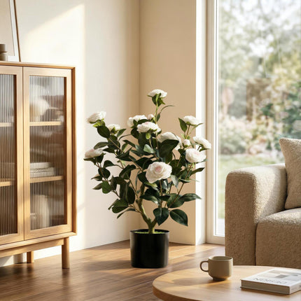 65cm Artificial Camellia Flower Plant in Pot with 116 Lush Leaves & Moss Effect, White