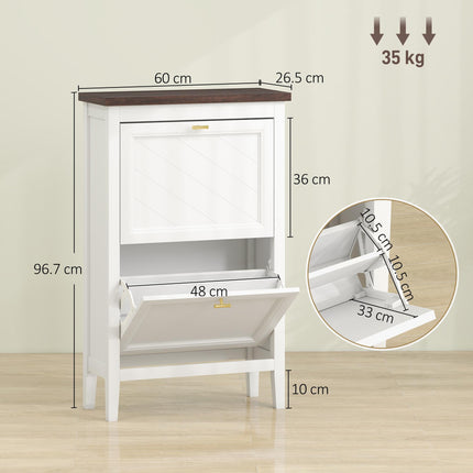 Shoe Cabinet with 2 Flip Drawers, Farmhouse Narrow Shoe Storage Cabinet with Adjustable Shelves, White