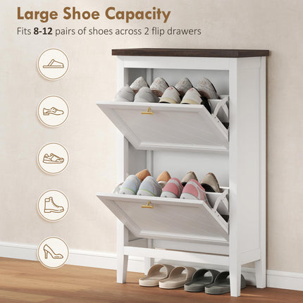 Shoe Cabinet with 2 Flip Drawers, Farmhouse Narrow Shoe Storage Cabinet with Adjustable Shelves, White