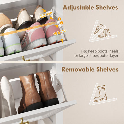 Shoe Cabinet with 2 Flip Drawers, Farmhouse Narrow Shoe Storage Cabinet with Adjustable Shelves, White