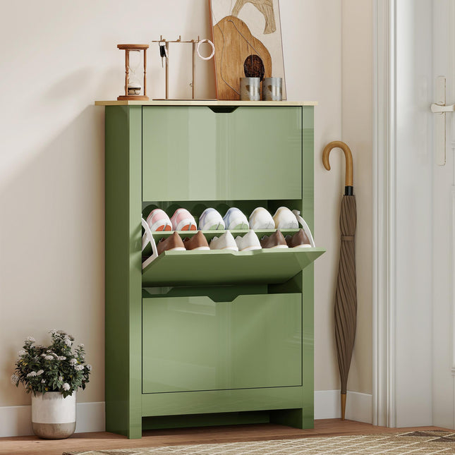 Slim Shoe Cabinet, Narrow Shoe Cupboard with 3 Flip Drawers, Adjustable Shelves for 18 Pairs of Shoes, High Gloss Green