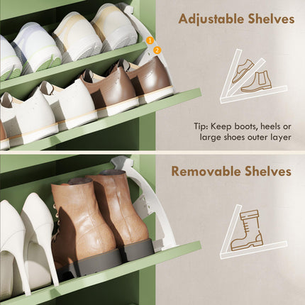 Slim Shoe Cabinet, Narrow Shoe Cupboard with 3 Flip Drawers, Adjustable Shelves for 18 Pairs of Shoes, High Gloss Green