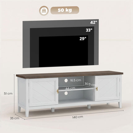 TV Unit for TVs up to 42 Inch, Farmhouse Entertainment Centre with 2 Open Shelves, 2 Cabinets and Thick Top