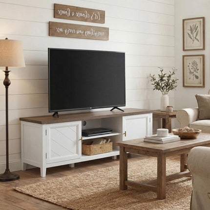 TV Unit for TVs up to 42 Inch, Farmhouse Entertainment Centre with 2 Open Shelves, 2 Cabinets and Thick Top