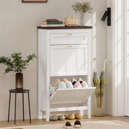 Shoe Cabinet with 2 Flip Drawers, Farmhouse Narrow Shoe Storage Cabinet with Adj