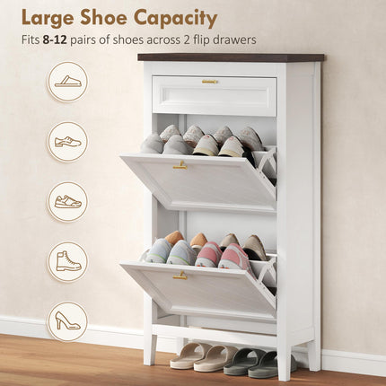 Shoe Cabinet with 2 Flip Drawers, Farmhouse Narrow Shoe Storage Cabinet with Adj