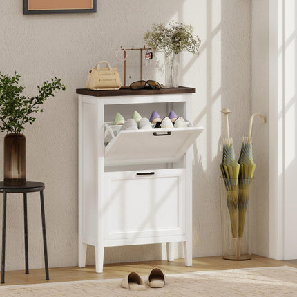 Shoe Cabinet with 2 Flip Drawers, Farmhouse Narrow Shoe Storage Cabinet with Adj