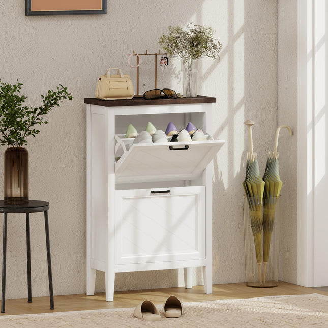 Shoe Cabinet with 2 Flip Drawers, Farmhouse Narrow Shoe Storage Cabinet with Adj