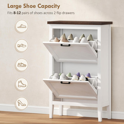 Shoe Cabinet with 2 Flip Drawers, Farmhouse Narrow Shoe Storage Cabinet with Adj