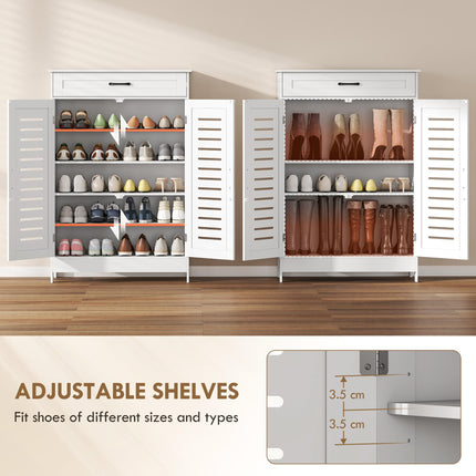 Shoe Cabinet with Louvered Doors, Modern Shoe Storage Cabinet with Drawer and Adjustable Shelves, White