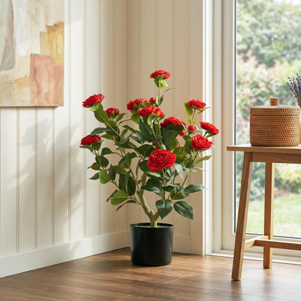 65cm Artificial Camellia Flower Plant in Pot with 116 Lush Leaves & Moss Effect, Red