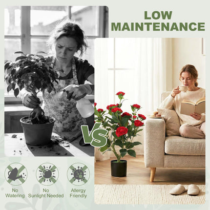 65cm Artificial Camellia Flower Plant in Pot with 116 Lush Leaves & Moss Effect, Red