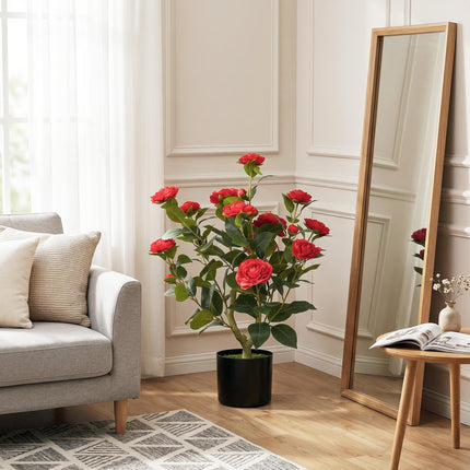 65cm Artificial Camellia Flower Plant in Pot with 116 Lush Leaves & Moss Effect, Red