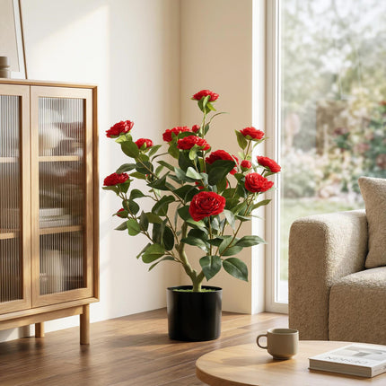 65cm Artificial Camellia Flower Plant in Pot with 116 Lush Leaves & Moss Effect, Red