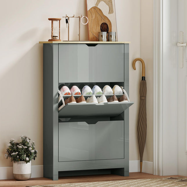Slim Shoe Cabinet, Narrow Shoe Cupboard with 3 Flip Drawers, Adjustable Shelves for 18 Pairs of Shoes, Light Grey