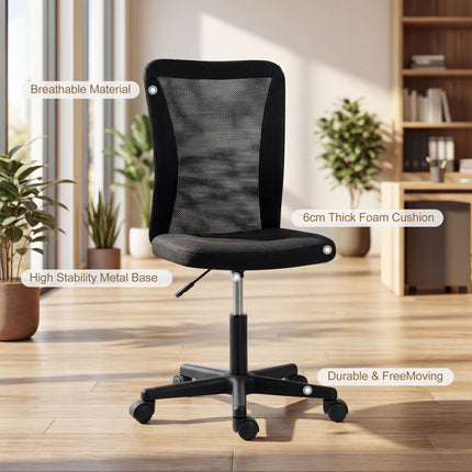 Computer Desk Chair, Armless Mesh Office Chair with Adjustable Height and Rolling Wheels, Black