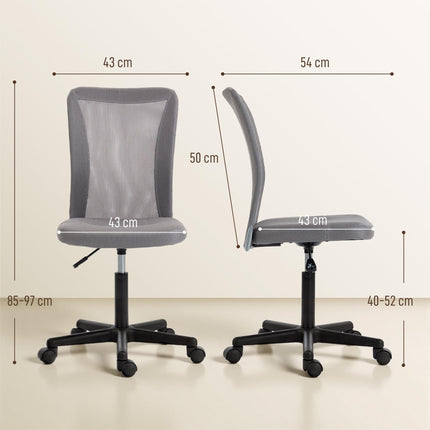 Computer Desk Chair, Mesh Office Chair with Adjustable Height and Swivel Wheels, Armless Study Chair, Grey