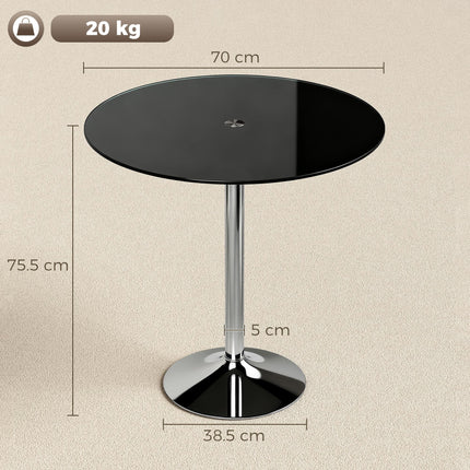 Round Bar Table, Modern Dining Table with Tempered Glass Top and Steel Frame for 4, 70 x 70 x 75.5cm, Black