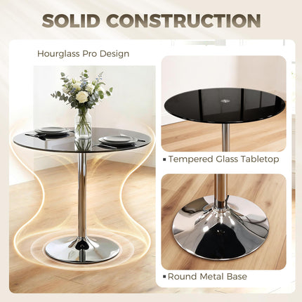 Round Bar Table, Modern Dining Table with Tempered Glass Top and Steel Frame for 4, 80 x 80 x 77cm, Black
