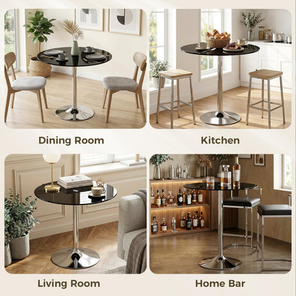 Round Bar Table, Modern Dining Table with Tempered Glass Top and Steel Frame for 4, 80 x 80 x 77cm, Black