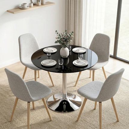Round Bar Table, Modern Dining Table with Tempered Glass Top and Steel Frame for 4, 80 x 80 x 77cm, Black