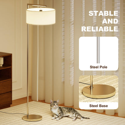 Floor Lamp, Modern Standing Lamp with Linen Lampshade, Round Base for Living Room, Bedroom, Dining Room, 153cm, Silver Tone
