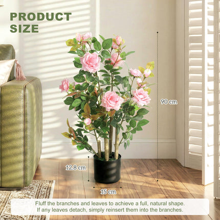 90cm Artificial Rose Tree, Decorative Fake Plant with 344 Silk Leaves 17 Flowers for Outdoor Indoor Decor, Pink