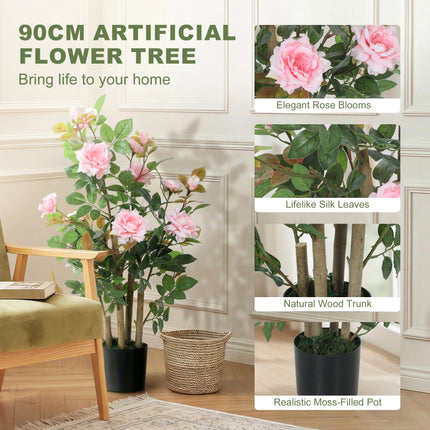90cm Artificial Rose Tree, Decorative Fake Plant with 344 Silk Leaves 17 Flowers for Outdoor Indoor Decor, Pink