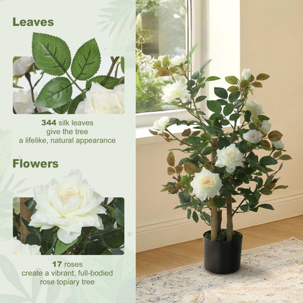 90cm Artificial Rose Tree, Decorative Fake Plant with 344 Silk Leaves 17 Flowers for Outdoor Indoor Decor, White