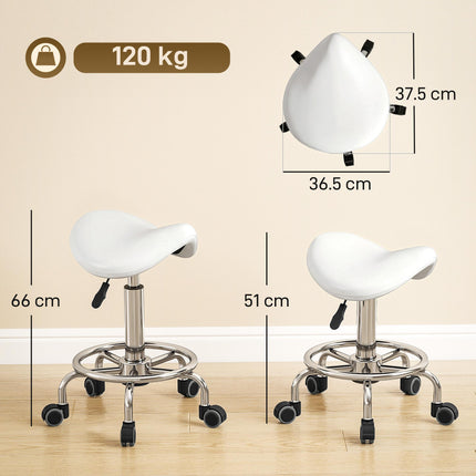 Salon Saddle Stool, Rolling Saddle Chair for Massage, Spa, Clinic, Beauty, Hairdressing and Tattoo, White