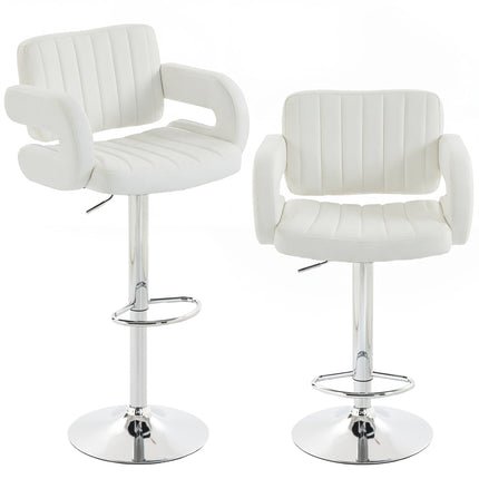 Bar Stools Adjustable Swivel Kitchen Chairs with Backrest Armrest Set of 2 PU Leather White