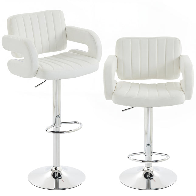 Bar Stools Adjustable Swivel Kitchen Chairs with Backrest Armrest Set of 2 PU Leather White