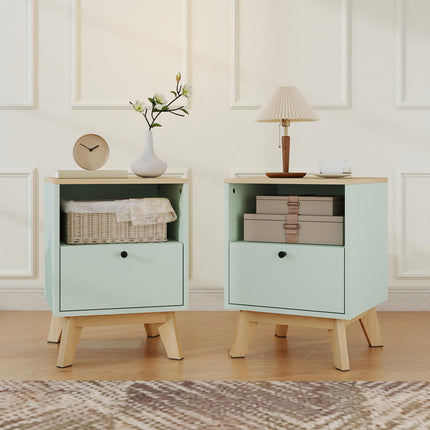 Modern Nightstand Set of 2, Bedside Table with Drawer and Open Shelf, Side End Table for Bedroom, Light Green
